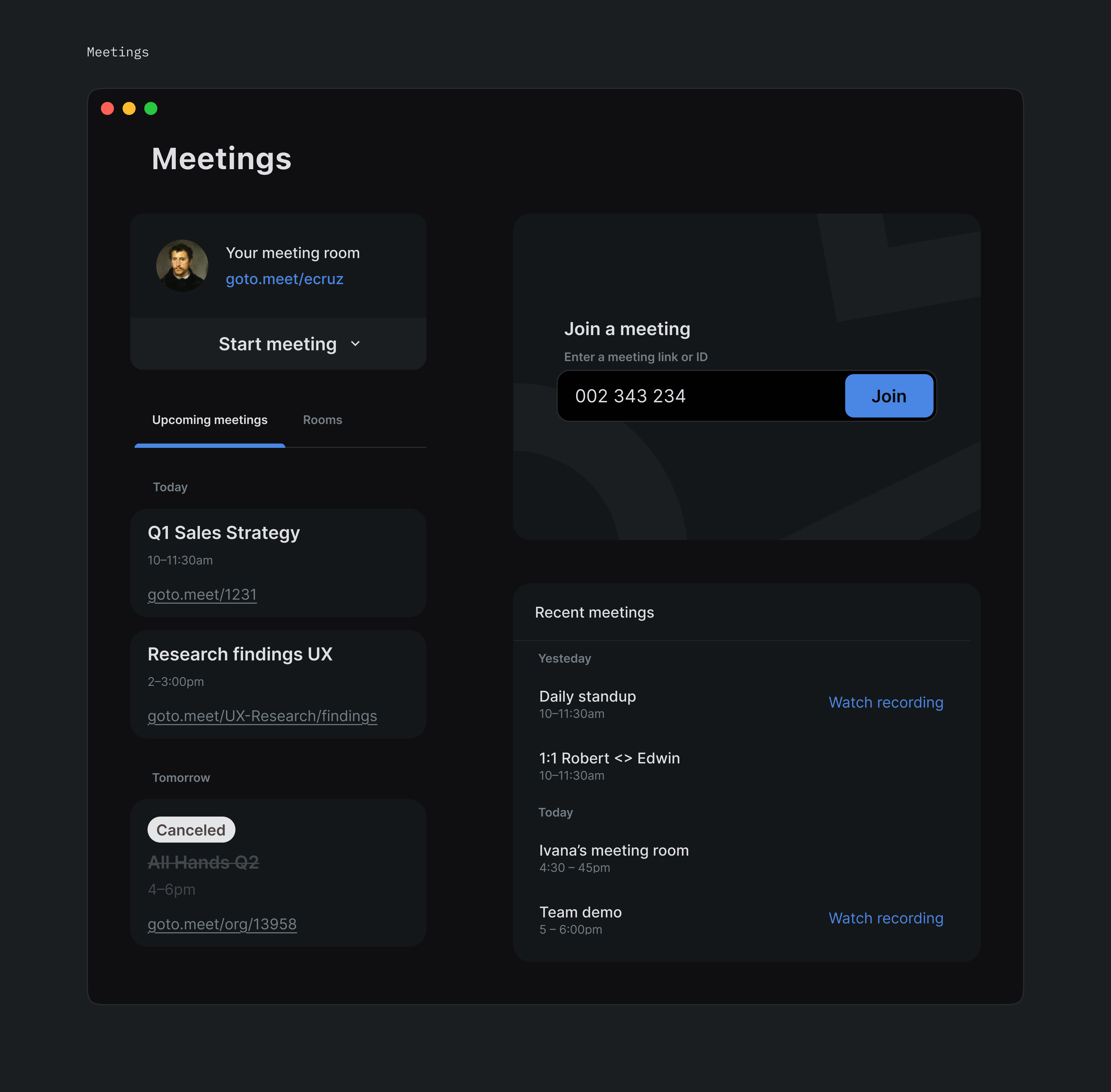Meetings scheduling — join meeting (dark)