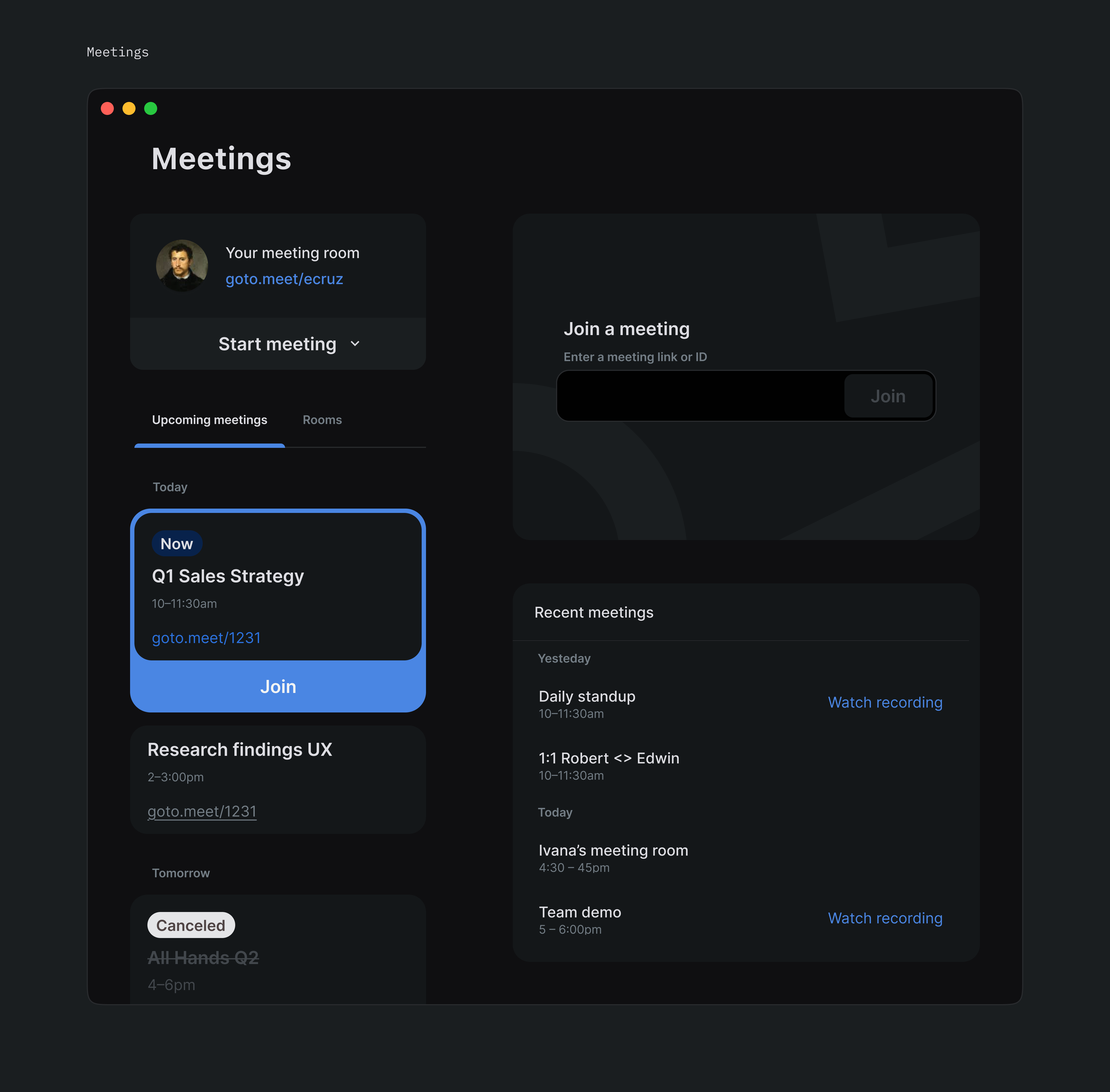 Meetings scheduling — meetings (dark)