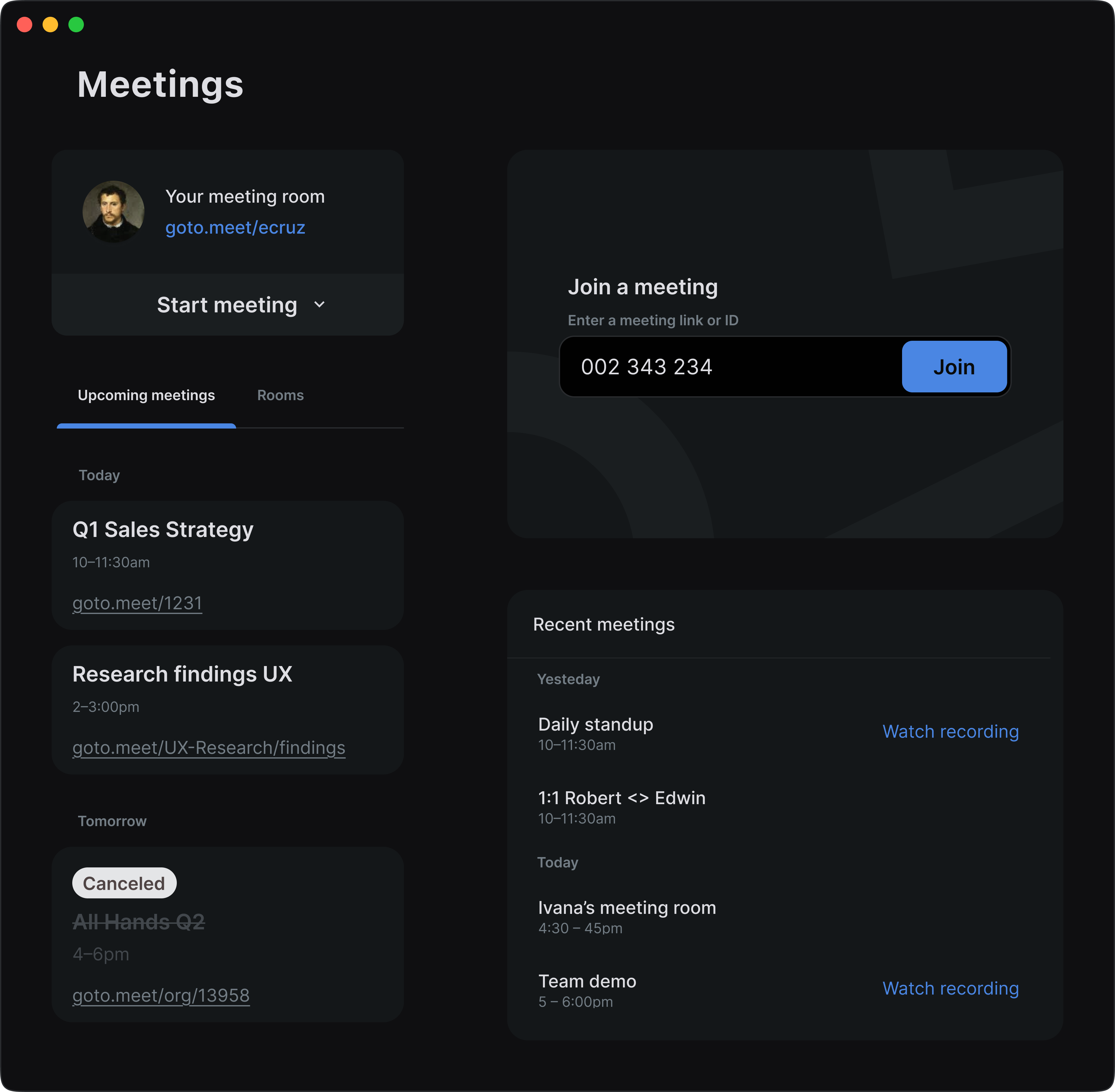 Meetings scheduling app in dark mode