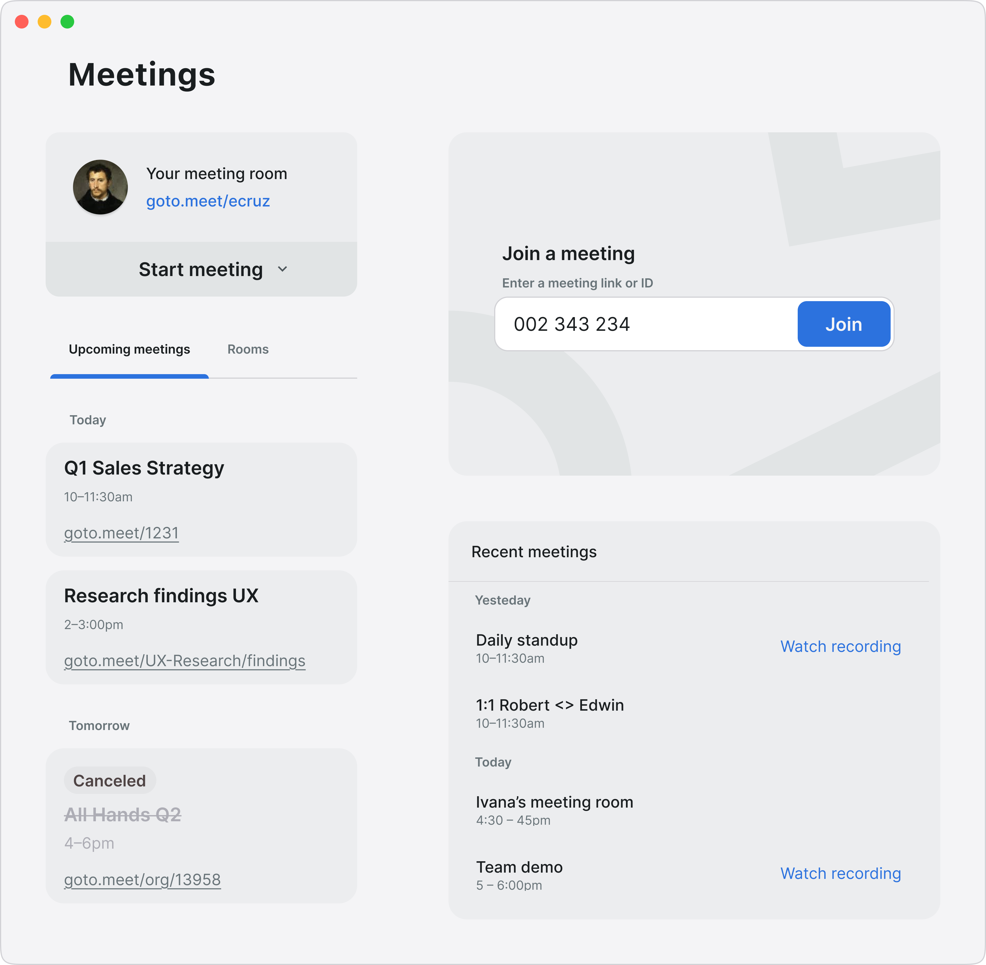 Meetings scheduling app in light mode